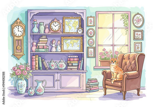 Cozy living room scene with a cat on a chair and a bookshelf filled with treasures