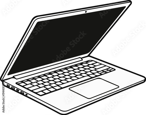 Open black screen laptop with keyboard and touchpad, side ports visible