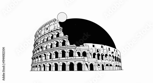 Black and white illustration of ancient Roman amphitheater under a starry night sky