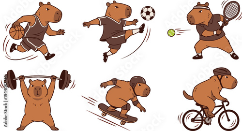 Active Bear Characters in Various Sports, Including Basketball, Tennis, Soccer, Weightlifting, Skateboarding, and Cycling