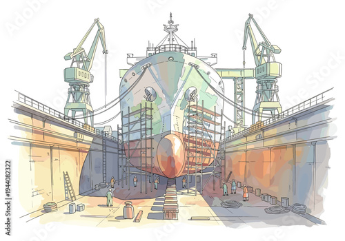 Ship construction in a dry dock with cranes and workers, illustration