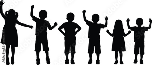 Children silhouette collection, happy kids raising hands and playing together, boys and girls active poses, childhood fun concept
