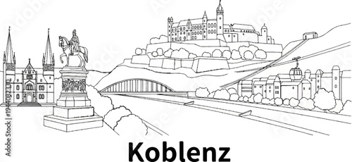 Sketch of a city skyline featuring a castle, a church, a statue, and a cable car