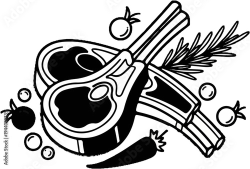 Stylized illustration of raw meat chops with small round fruits and a chili pepper