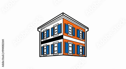 Stylized isometric view of a two-story building with orange and white facades and blue shutters
