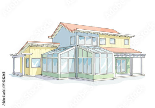 Modern house with sunroom addition and attached pergola, colorful exterior design