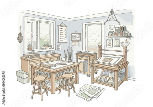 Cozy art studio with printing press and drawing tables, filled with natural light