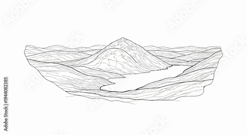 Sketch of a conical peak surrounded by rolling hills and a calm lake