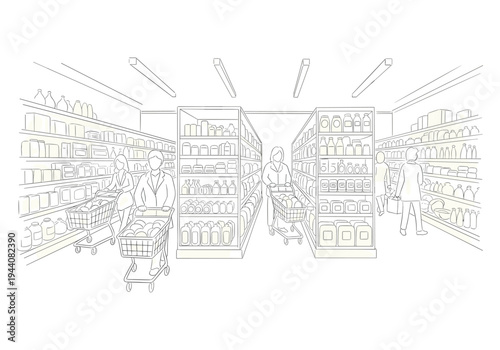 People pushing shopping carts down aisles filled with products in a grocery store