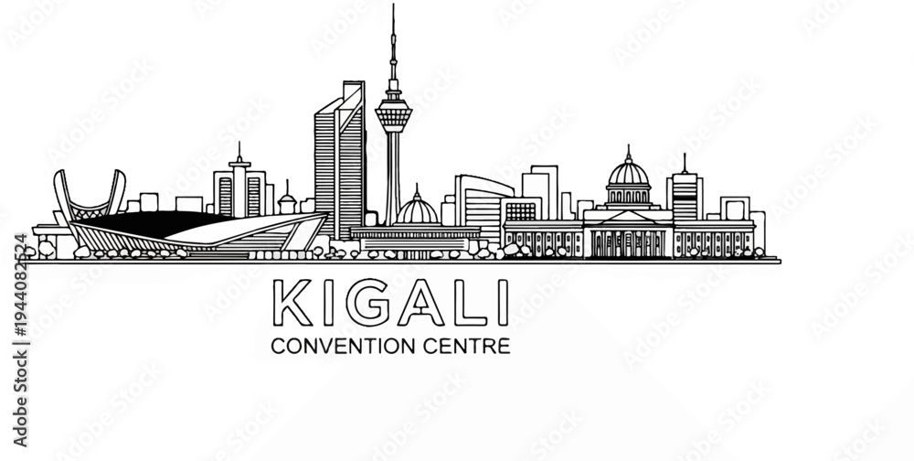 Obraz premium Stylized line art of Kigali's skyline, featuring modern buildings, a tower, and domed structures