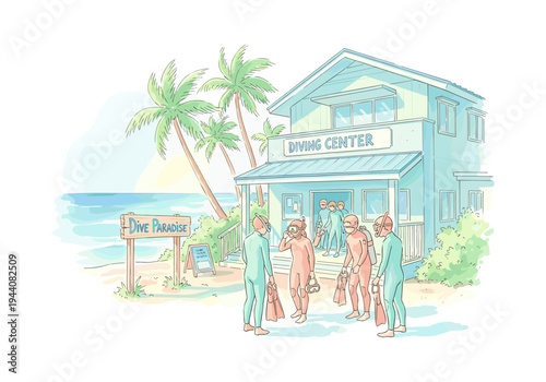 Divers gather at a beachside dive center, ready for an ocean adventure