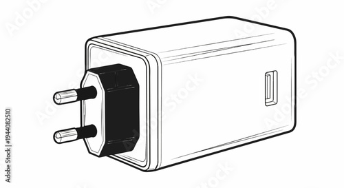 Black and white line drawing of a power adapter with two prongs and a USB port