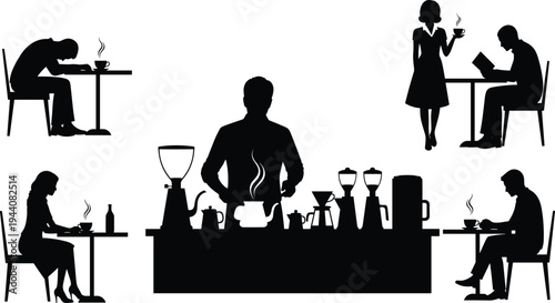 Coffee shop silhouette scene with barista preparing coffee and customers sitting at tables drinking hot beverages, cafe lifestyle concept