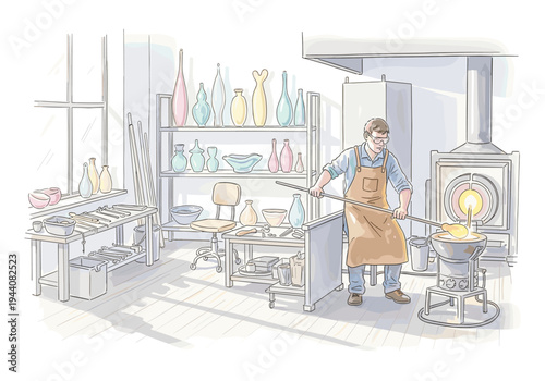 Glassblower working with molten glass in a studio with shelves of colorful vases