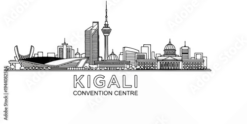 Stylized line art of Kigali's skyline, featuring modern buildings, a tower, and domed structures