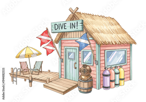 Charming dive shop with beach chairs and scuba gear ready for adventure