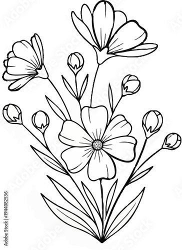 Delicate line art bouquet featuring blooming flowers and unopened buds