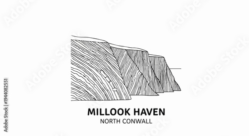 Black and white line drawing of coastal cliffs, showing stratified rock formations and a flat horizon