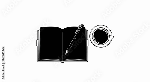 Open notebook with pen and coffee cup on white background