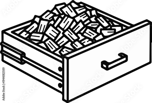 Open drawer overflowing with small, unidentifiable objects