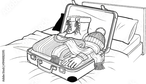 Open suitcase filled with warm winter clothing on a bed