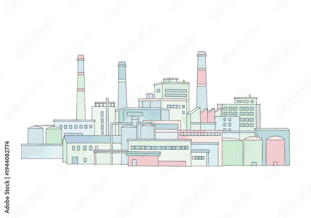 Obraz premium Colorful cartoon factory complex with smokestacks and storage tanks on a white background
