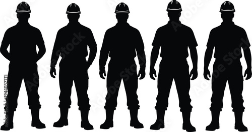 Construction worker silhouettes collection, builders wearing safety helmets standing poses industrial labor team isolated black vector illustration set