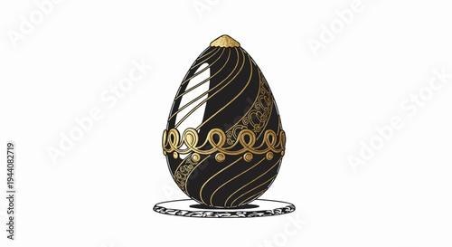 Ornate black and gold egg with intricate swirling patterns on a decorative stand