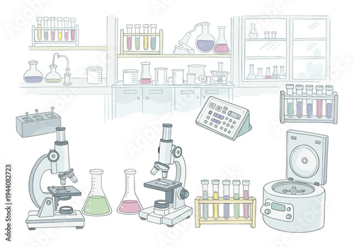 Scientific laboratory equipment illustration with microscopes, test tubes, and beakers