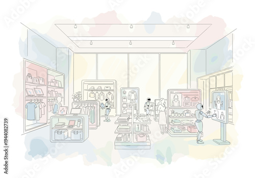 Robots and people interact in a modern retail store with clothing and accessories on display