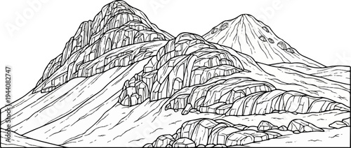 Black and white sketch of rugged, layered mountains with dramatic rock formations