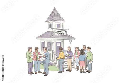 Diverse group of people gathered outside a community watch building for a meeting