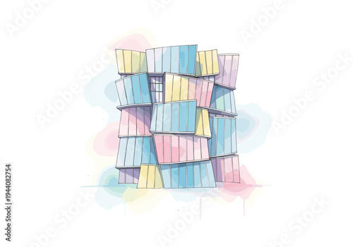 Abstract architectural illustration of a colorful, modern building with pastel watercolor splashes