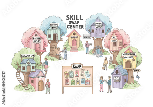 Skill swap center with various workshops and people interacting in a whimsical treehouse village