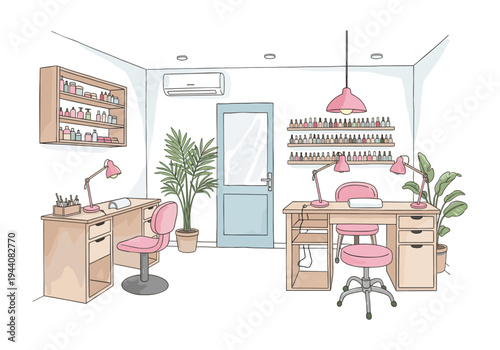 Cozy nail salon interior with pink chairs, desks, and nail polish shelves