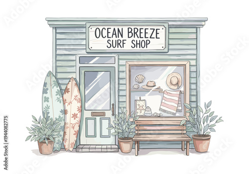 Charming ocean breeze surf shop with surfboards and beach decor displayed outside