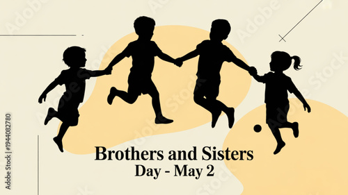 Silhouette of children holding hands brothers and sisters day on may 2 happy kids playing together in sunset