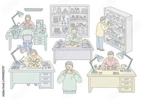 Watchmakers meticulously assemble intricate timepieces in a bright, organized workshop environment