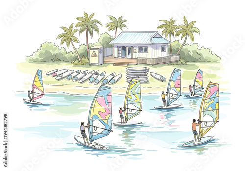 Windsurfing lesson on a tropical beach with colorful sails and a surf school building