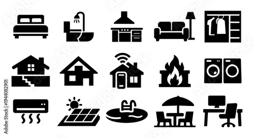 Home Features and Property Attributes Icons Set – Bedroom Bathroom Kitchen Pool Solar Panels Smart Home Real Estate Symbols