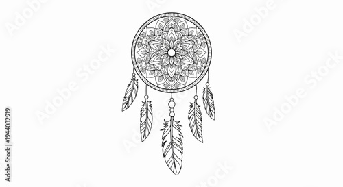 Ornate circular mandala design with dangling feathers and beads on white background