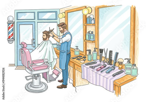 Barber cutting client's hair with scissors and comb in a vintage style barbershop