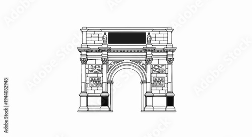 Ornate classical archway with detailed carvings and statues, presented as a line drawing