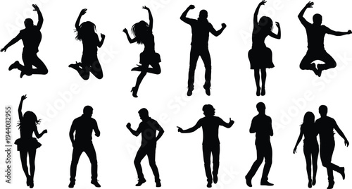 Dancing people silhouette collection, jumping and dancing men and women figures, party celebration movement poses, energetic human activity silhouettes isolated