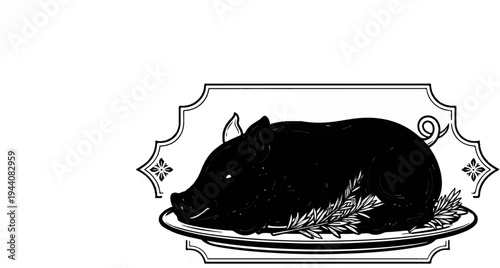 Whole roasted pig on platter with decorative border and sprigs of greenery