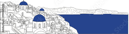 White buildings with blue domed roofs cling to a cliffside overlooking the sea