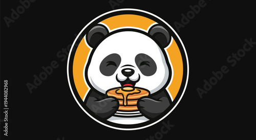 Cartoon panda eating pancakes isolated design