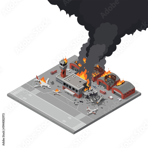 isometric vector flat of an airport damaged by fire from a missile attack 005