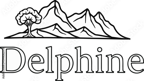 Stylized mountain range with a tree, accompanied by the word "Delphine