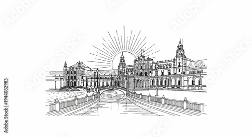 Ornate classical building facade with arched windows and towers, canal, bridge, and sunburst